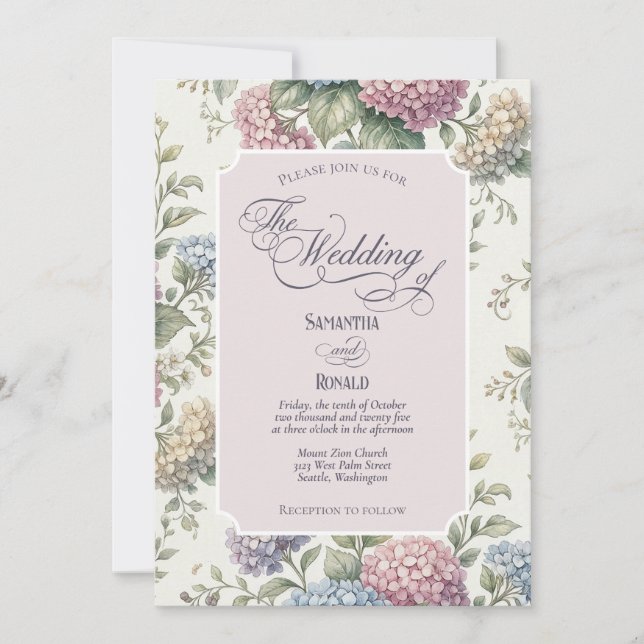 Invitation Jardin Floral Pastel Hydrangea Fleurs Mariage (Devant)