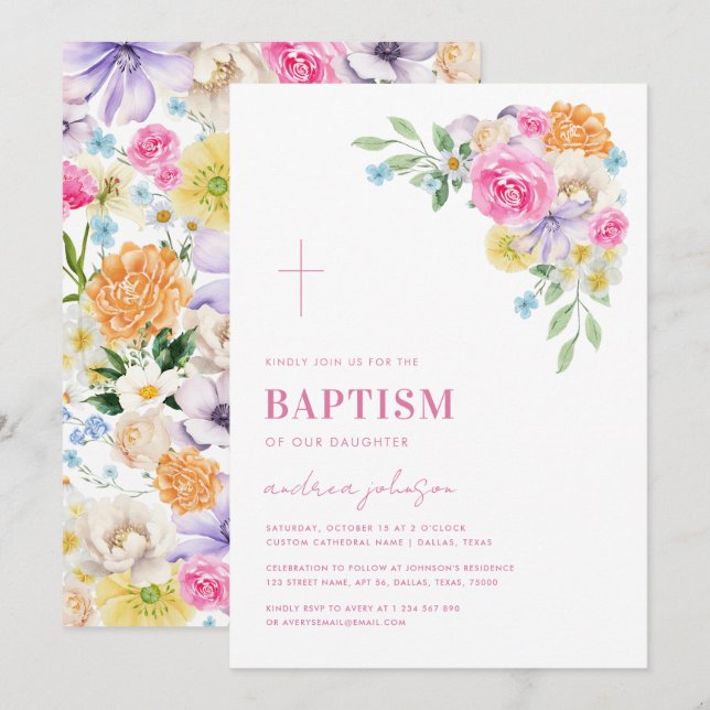 Invitation Jardin Floral Printemps Été Christening Baptême (Devant / Derrière)