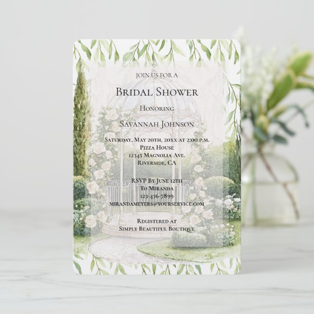 Invitation Jardin Floral Romantique de Roses Blanches pour un (Debout devant)