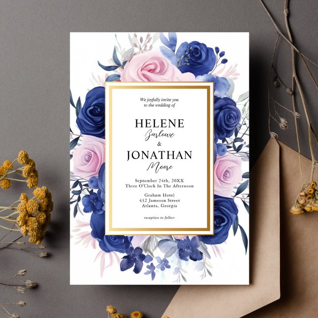 Invitation Jardin Floral Rose Bleu Marine Mariage élégant (Navy Blue Pink Floral Garden Elegant Wedding Invitation)