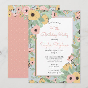 Invitation Jardin Floral rose Bouquet jaune fête d'annivers