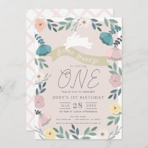 Invitation Jardin floral rose lapin blanc fille 1er anniversa