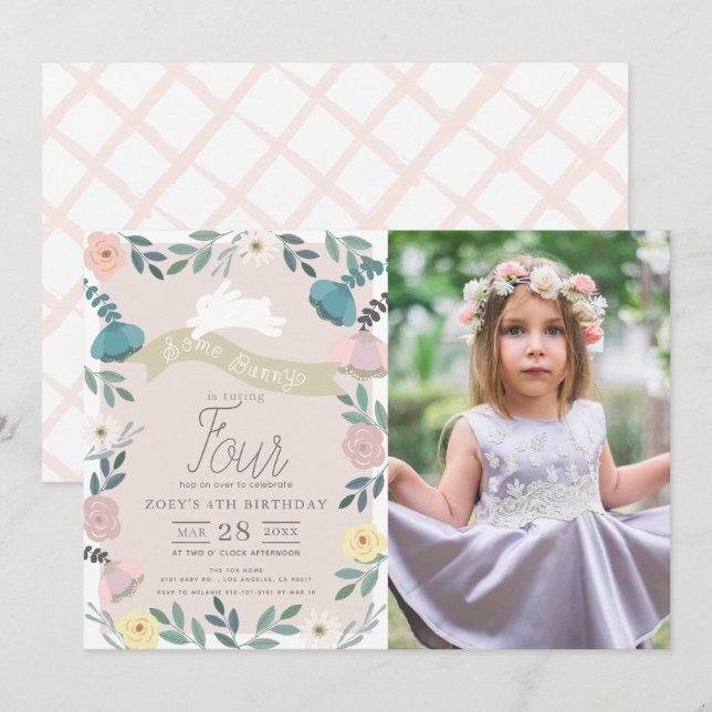 Invitation Jardin floral rose lapin blanc fille photo Anniver (Devant / Derrière)