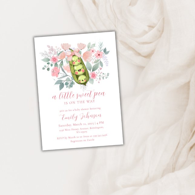 Invitation Jardin Floral Rose Pois Doux Dans Baby shower Pod (Pink Floral Garden Sweet Pea In Pod Baby Shower Invitation)