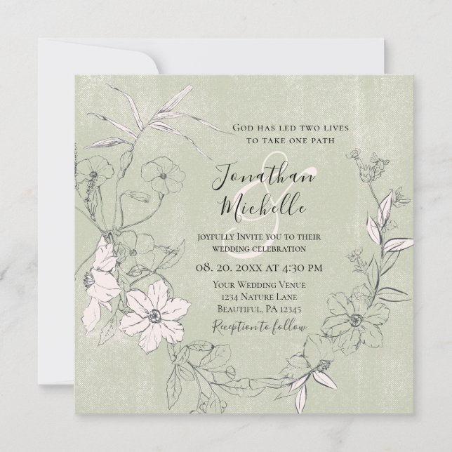 Invitation Jardin Floral Vert rose Mariage chrétien (Devant)