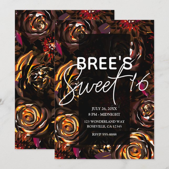 Invitation Jardin foncé Autumn Flowers Fall Sweet 16 Party (Devant / Derrière)