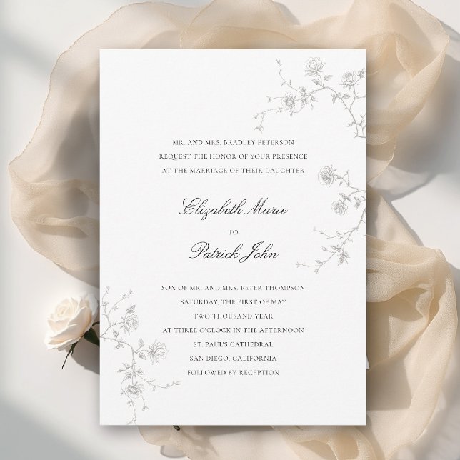 Invitation Jardin Formel Moderne Classique de Roses Sauvages  (formal wedding invitation modern classic wild roses sketch floral calligraphy garden white)