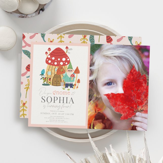 Invitation Jardin Gnome Champignon rose fille Anniversaire Ph (Créateur téléchargé)
