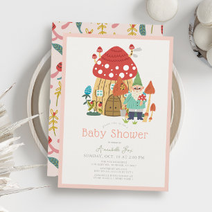 Invitation Jardin Gnome Champignons Baby shower fille rose