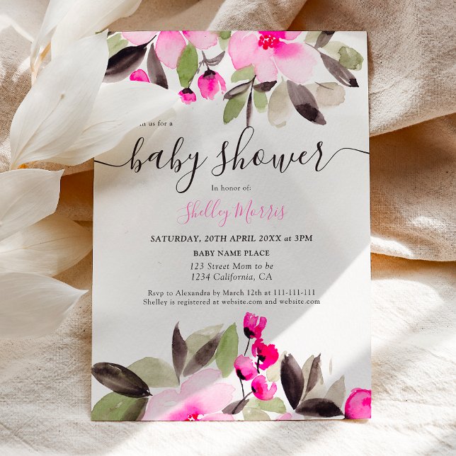 Invitation Jardin joli baby shower d'aquarelle fleurie rose (Garden pretty pink floral watercolor baby shower invitation)