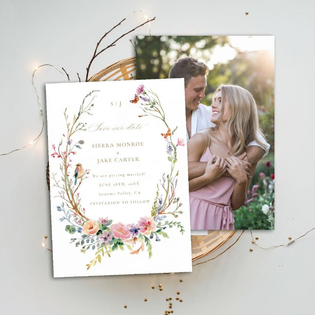 Invitation Jardin magique fleur sauvage Mariage photo Save Da (garden wedding save the date photo wildflowers enchanted woodland forest butterflies bird whimsical)