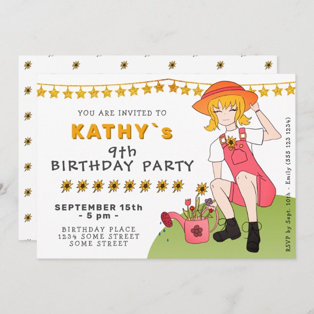 Invitation Jardin mignon fille avec fleurs Anniversaire (Devant / Derrière)