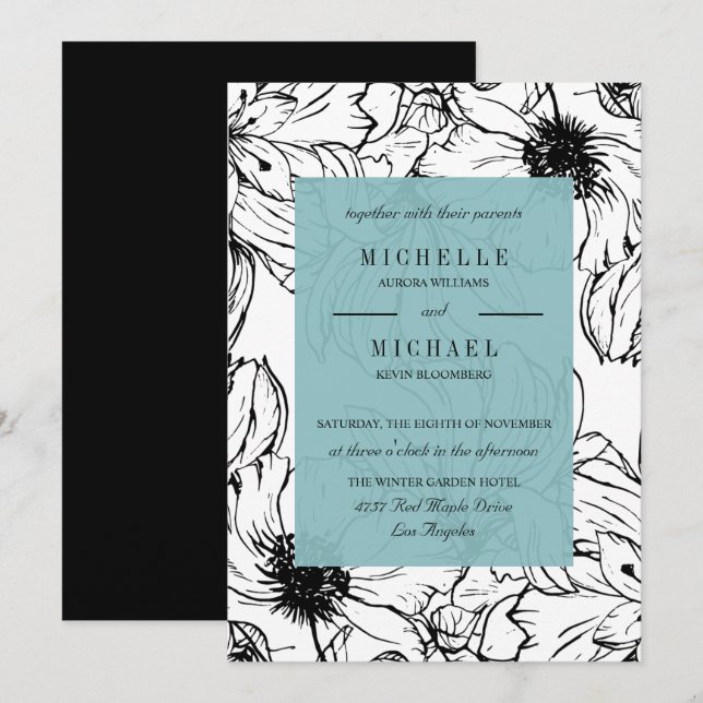 Invitation Jardin moderne | Turquoise | mariage floral (Devant / Derrière)