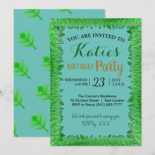Invitation Jardin Nature fraîche Simple Feuille Vert Annivers (Devant / Derrière)