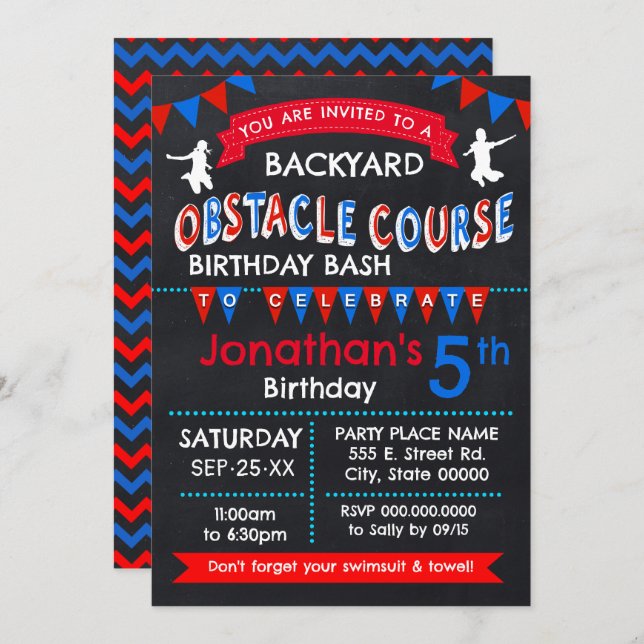 Invitation Jardin Obstacle Course Anniversaire Bash (Devant / Derrière)