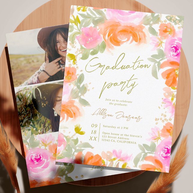 Invitation Jardin orange fleurs sauvages photo graduation (Garden orange wild flowers photo graduation invitation)