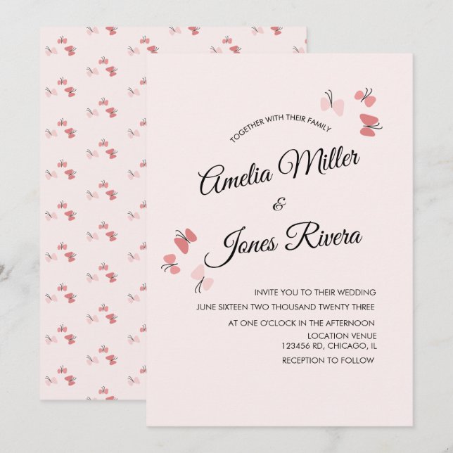 Invitation Jardin Papillons Roses Mariage Romantique  (Devant / Derrière)