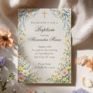 Invitation Jardin Pastel Charmant Baptême Aquarelle