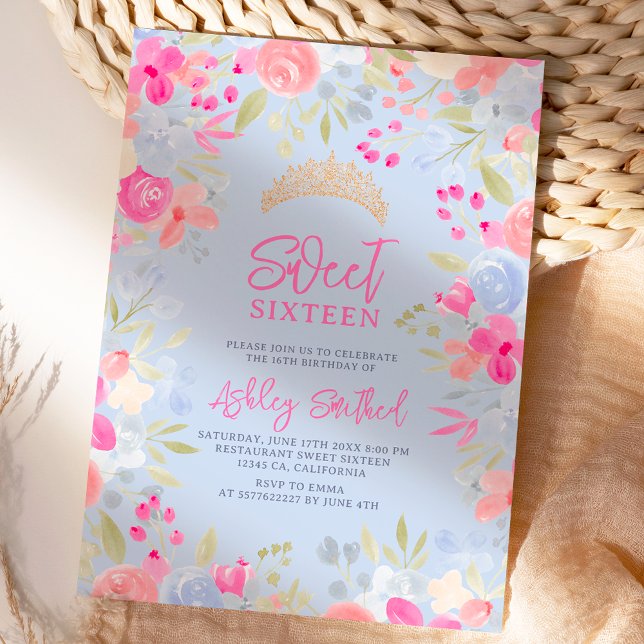 Invitation Jardin pastel fleurs sauvages Sweet 16 anniversair (Garden pastel wild flowers Sweet 16 birthday Invitation)