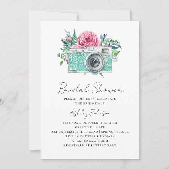 Invitation Jardin pivoines douche nuptiale. Caméra florale Bo (Devant)