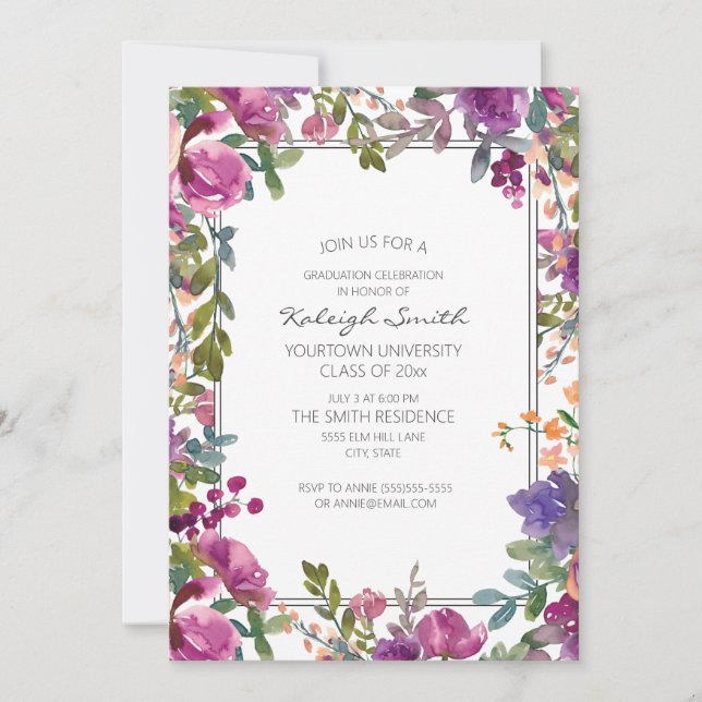 Invitation Jardin Purple Aquarelle Florale Blanc Grad Party (Devant)