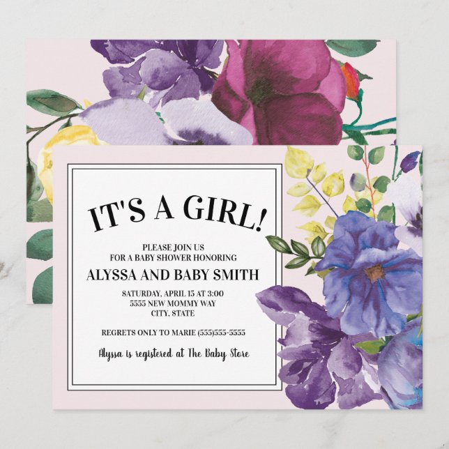 Invitation Jardin Purple Jaune Rose Floral Baby shower fille (Devant / Derrière)