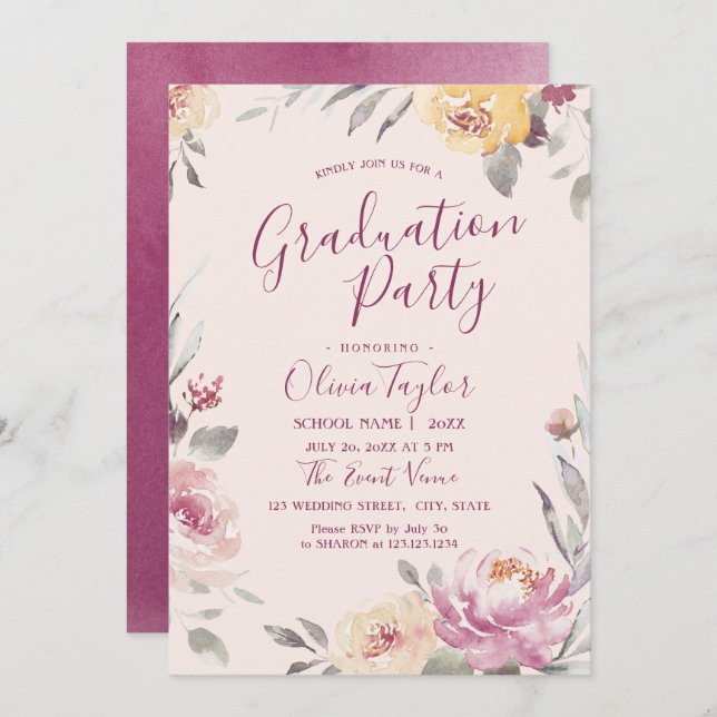 Invitation Jardin romantique aquarelle fête de graduation flo (Devant / Derrière)