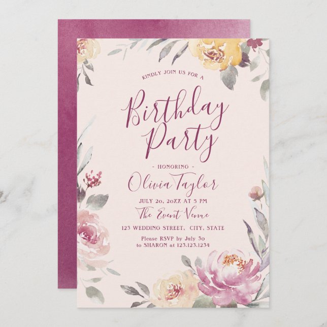 Invitation Jardin romantique aquarelle fleurie fête d'anniver (Devant / Derrière)