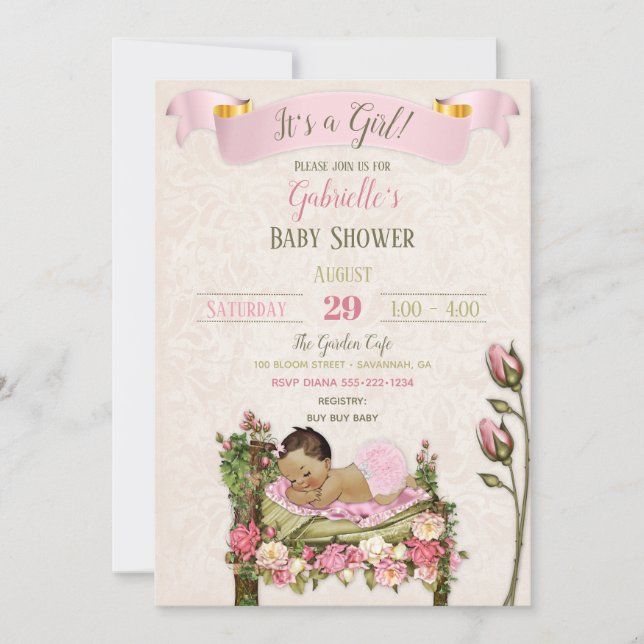 Invitation Jardin romantique Baby Shower Roses roses et verte (Devant)