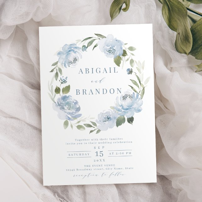 Invitation Jardin romantique bleu poussiéreux mariage de cour (Romantic garden dusty blue floral wreath wedding invitation)