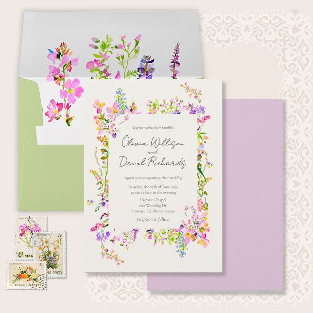 Invitation Jardin Romantique Fleurs Mariage  (Garden Wildflowers Watercolor Wedding Invitation Suite.)