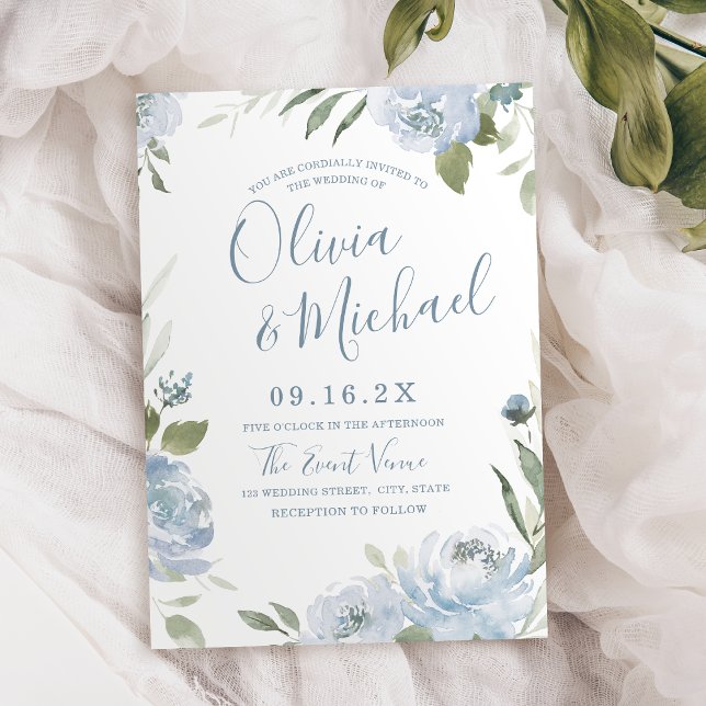Invitation Jardin romantique mariage floral bleu poussiéreux (Romantic garden dusty blue floral wedding invitation)