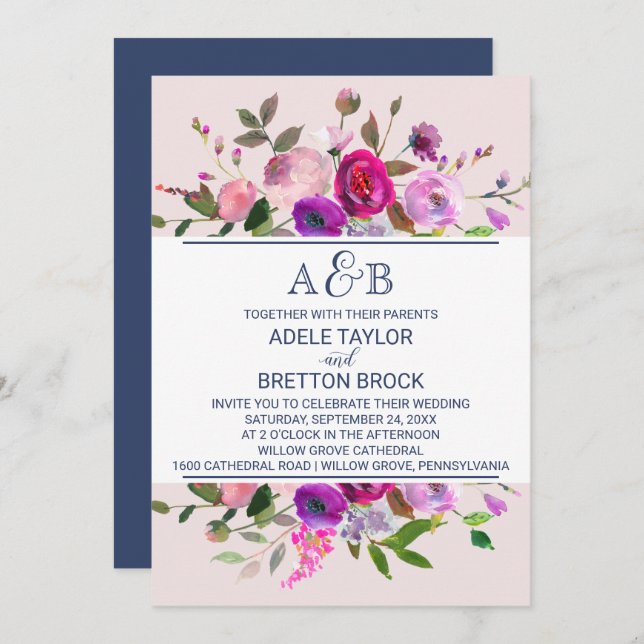 Invitation Jardin romantique Monogramme Mariage (Devant / Derrière)