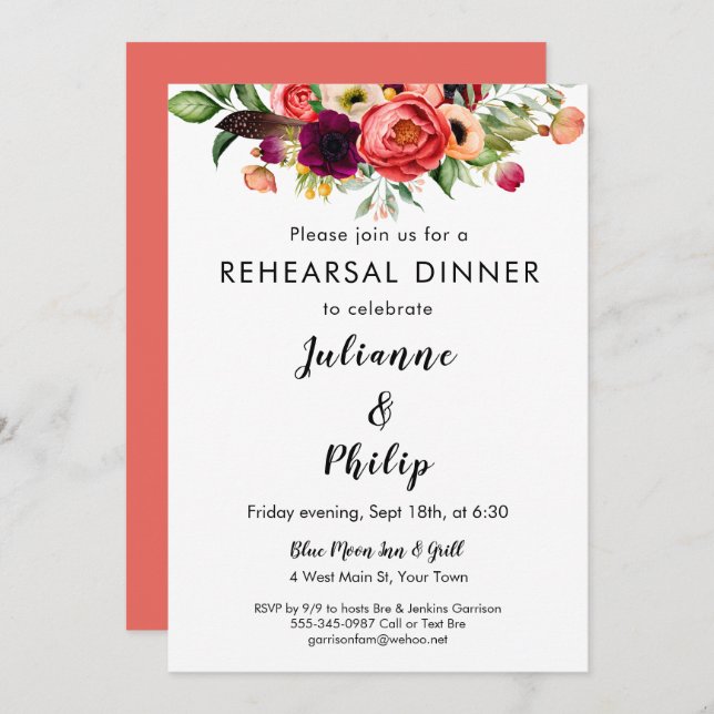 Invitation Jardin romantique Répétition Florale Dîner Invitat (Devant / Derrière)