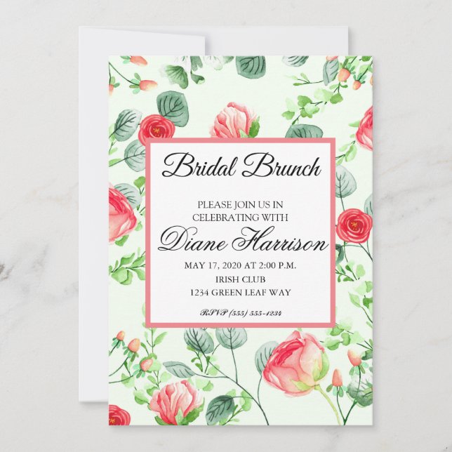 Invitation Jardin rose Aquarelle Rose Bouquet Fête des mariée (Devant)