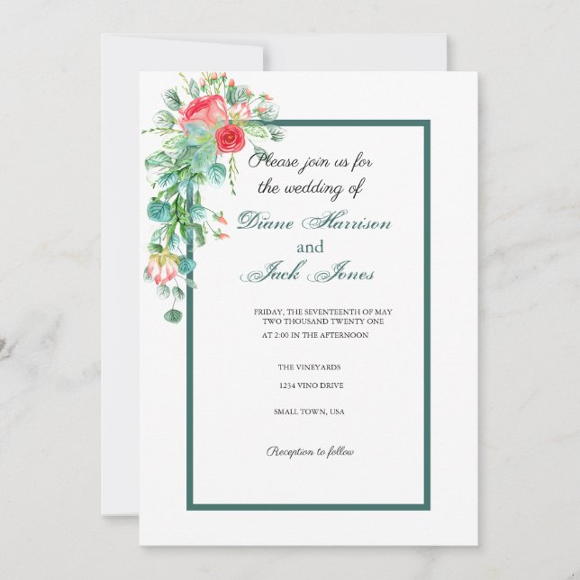 Invitation Jardin rose Aquarelle Rose Bouquet Mariage (Devant)