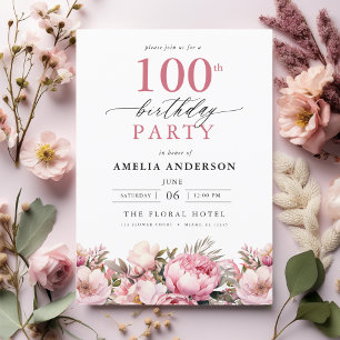 Invitation Jardin rose Calligraphie florale 100e anniversaire
