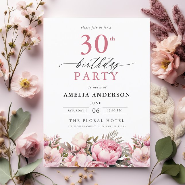 Invitation Jardin rose Calligraphie florale 30e anniversaire (Créateur téléchargé)
