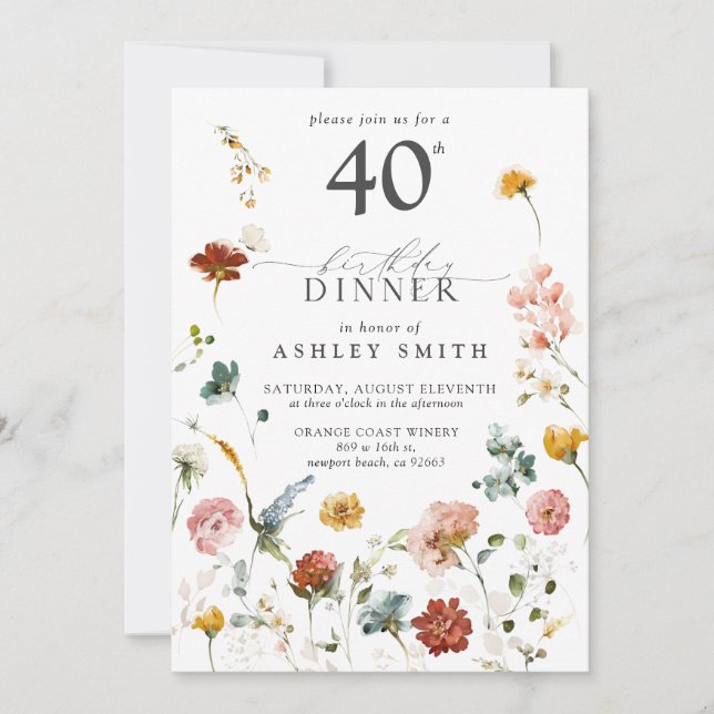 Invitation Jardin rose Calligraphie florale 40e anniversaire (Devant)