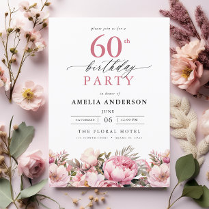 Invitation Jardin rose Calligraphie florale 60e anniversaire