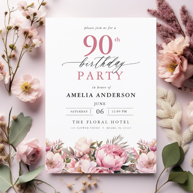Invitation Jardin rose Calligraphie florale 90e anniversaire (Créateur téléchargé)
