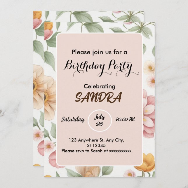 Invitation Jardin rose clair chic Floral Anniversaire (Devant / Derrière)
