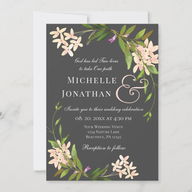Invitation Jardin rose clair élégant Mariage chrétien floral (Devant)
