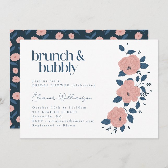 Invitation Jardin rose de la marine Brunch Bubbly douche (Devant / Derrière)
