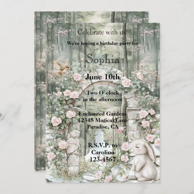 Invitation Jardin rose enchanté Lapin Jardin Anniversaire (Devant / Derrière)