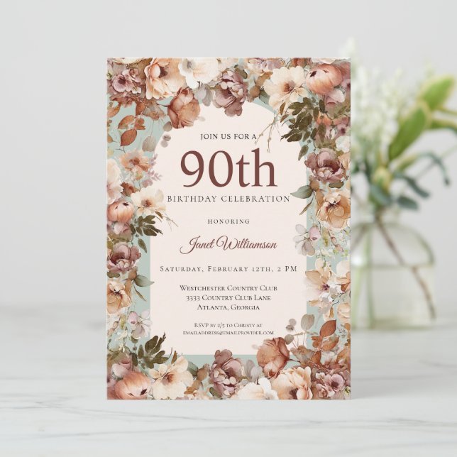 Invitation Jardin rose et vert Arc floral 90e anniversaire (Debout devant)