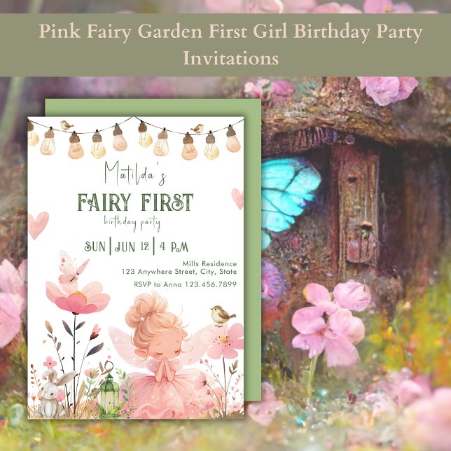 Invitation Jardin rose Fée Première Fille Fête Anniversaire (Créateur téléchargé)