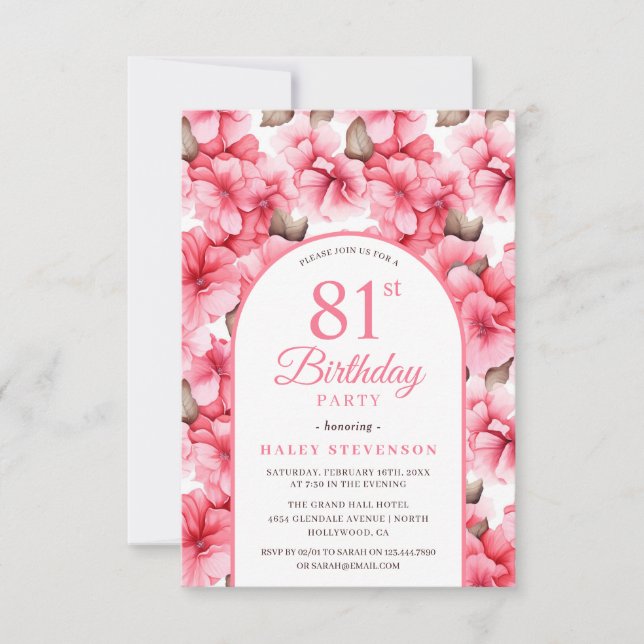 Invitation Jardin Rose Fleur Arc Chic 81e Anniversaire (Devant)