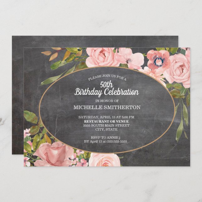 Invitation Jardin rose floral Chalkboard 50e anniversaire (Devant / Derrière)