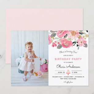 Invitation Jardin rose floral fille photo Anniversaire